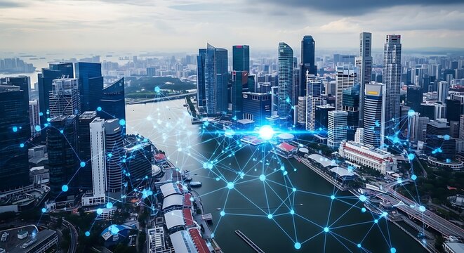 Aerial view of a modern city skyline with a network overlay connecting buildings, symbolizing technology and connectivity.