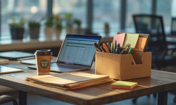Sunny workspace with laptop, notes, coffee cup, and stationery on wooden desk