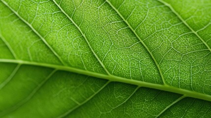 Obraz premium A close-up view of a green leaf highlighting its detailed vein structure and texture. The natural light emphasizes the leaf's vibrant color and intricate design.