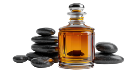 A serene composition featuring a glass bottle of aromatic oil surrounded by smooth black stones, perfect for spa and relaxation themes. Ideal for wellness and self-care imagery.