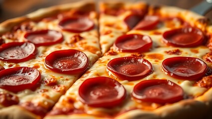 A close-up of a pepperoni pizza showcases gooey melted cheese on a golden crust.