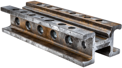 A close-up of a metallic rail piece used in construction or transportation, showcasing its detailed features and rugged texture, symbolizing strength and durability in industrial a