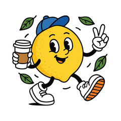 Cute lemon character hand drawn vector. Happy citrus fruit wearing cap, holding coffee cup, walking with peace sign and surrounded by leaves for fun food and drink cartoon design