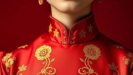 Silk qipao collar embroidered with peony and star patterns, showcasing ceremonial elegance.