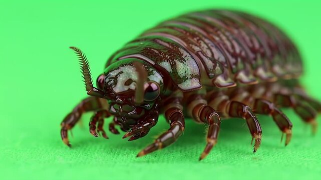 Macro photo of a woodlouse (pill bug) on a bright green background, showing its intricate exoskeleton and legs.