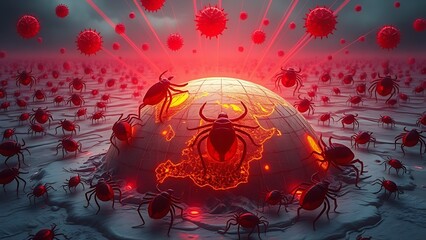 Surreal landscape of giant glowing ticks crawling over a melting earth with radiating red disease vectors.