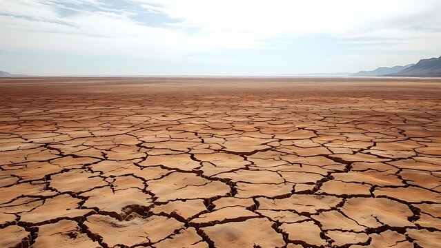 A cracked desert basin with grid lines, representing sudden ecological collapse.