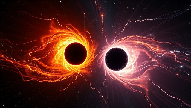 Two supermassive black holes in a cosmic dance, connected by energy streams across vast interstellar distance