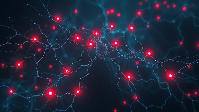 A ghostly neural network with pulsing red warning lights, hinting at future disruptions in connectivity.