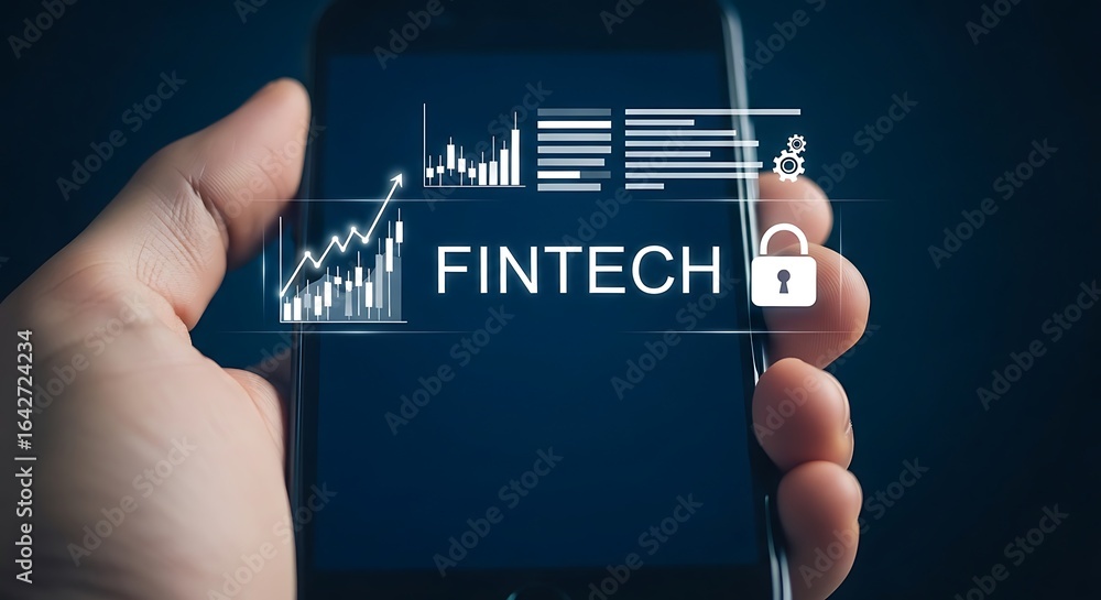 Aufkleber hand holding smartphone displaying fintech interface with security lock and financial data charts.