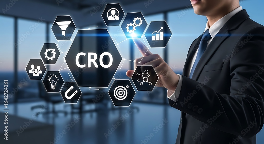 Poster businessman interacts with a digital interface showcasing cro strategies and key performance indicat