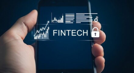 Hand holding smartphone displaying Fintech interface with security lock and financial data charts.