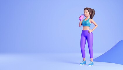 Obraz premium A fit woman in vibrant purple and blue sports gear takes a refreshing sip of water from a clear bottle, standing outdoors with a focused expression.