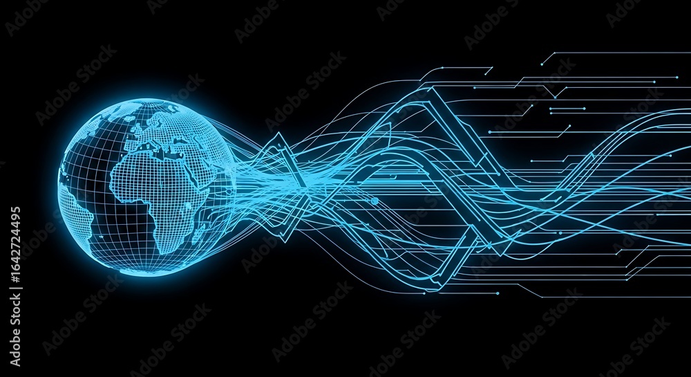 Poster a glowing blue digital globe with flowing lines representing data transfer and connection.