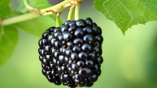 Fresh, ripe mulberries hang from the branch, showing their fullness and readiness for harvest.
