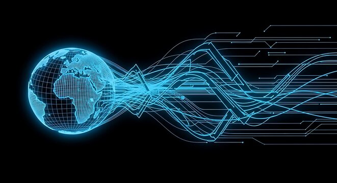 A glowing blue digital globe with flowing lines representing data transfer and connection.