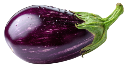 A vibrant, fresh eggplant showcasing its glossy purple skin and green crown. Perfect for culinary themes, healthy eating, or farm-to-table concepts.