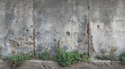 A worn concrete wall shows signs of deterioration, with cracks and uneven texture. Small patches of grass sprout at the base, showcasing nature's resilience in an urban area.