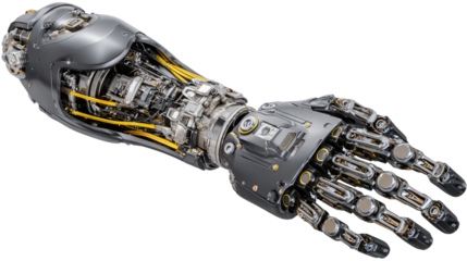 A futuristic robotic hand showcasing advanced technology and intricate mechanics. Ideal for themes related to innovation, AI, and the future of robotics.