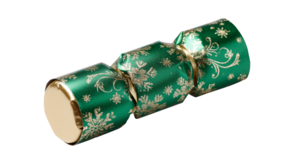 A traditional Christmas cracker in green and gold with a glitter snowflake pattern, isolated on a transparent background