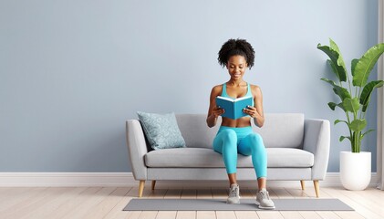 A woman with long brown hair sits comfortably on a plush gray couch, engrossed in a book, surrounded by soft pillows and warm lighting.