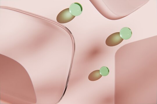 Abstract 3D render with green spheres and soft pink glass forms