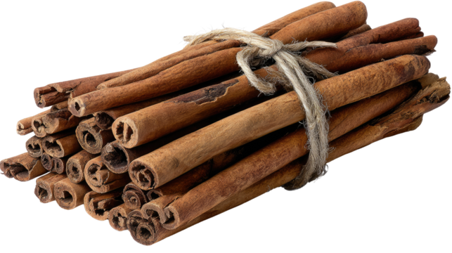 A bundle of aromatic cinnamon sticks tied together with twine, perfect for adding flavor to dishes and beverages. Ideal for culinary and wellness-themed projects.