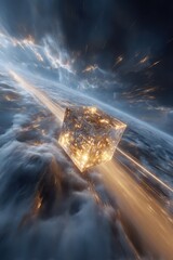 Naklejka premium Luminous Cube Floating Above Cloudscape with Golden Streaks and Sparkles