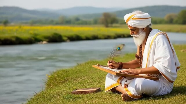 Capturing a timeless scene, an ancient Indian guru in traditional robes writes by a peaceful river, embodying deep wisdom and a profound connection to historical knowledge 