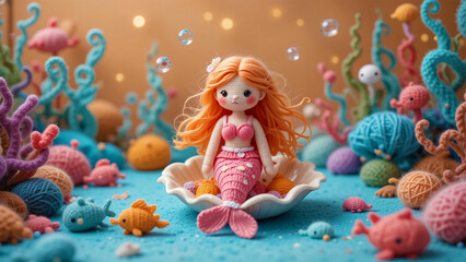 Naklejka premium Cute crocheted mermaid doll sitting on a shell