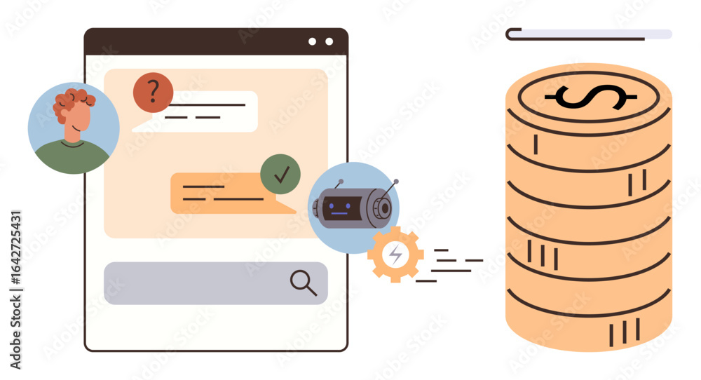 Poster chat interface with chatbot resolving queries, user avatar, coins representing finance, and automati