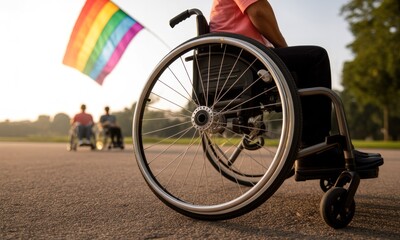 Obraz premium Wheelchair user holding rainbow flag in park, two more blurry in background