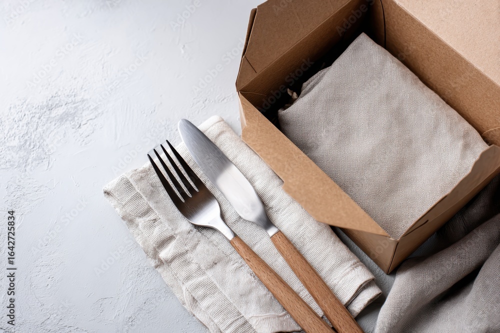 Aufkleber a neatly arranged dining setup featuring utensils and a box, with a textured background