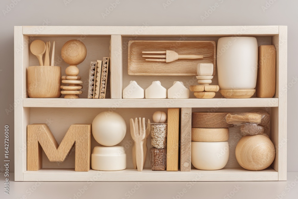 Poster a neatly arranged wooden shelf displaying various kitchen objects and decorative items, showcasing m