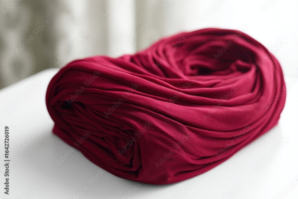 Poster a neatly folded, deep red fabric resting on a white surface with a soft, blurred background