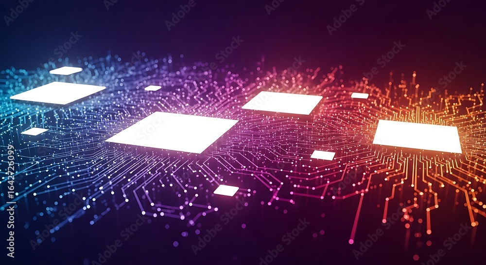 Poster glowing microchips illuminate intricate circuit board pathways, showcasing advanced technology.