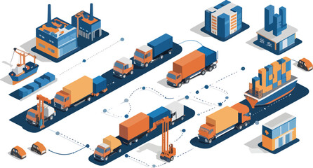 Fototapeta premium Dynamic logistics network visualizes global shipping with trucks, ships, and factories
