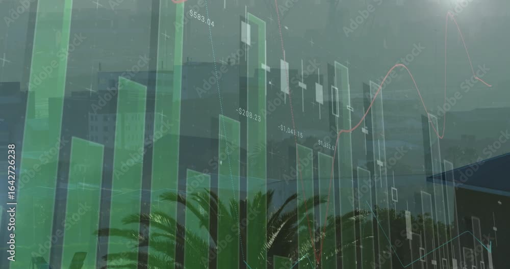 Aufkleber on load green bars rising then shrinking with pulsing lines and candlesticks flipping showing trend
