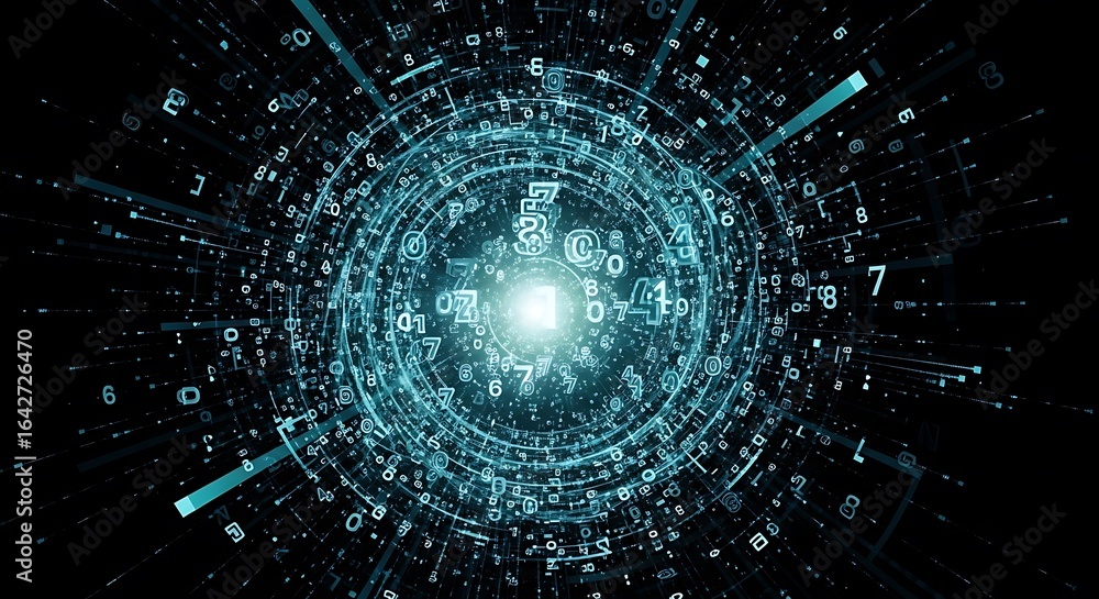 Poster abstract digital representation of data visualization, with glowing central point and radiating line