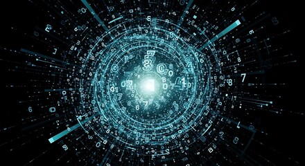 Abstract digital representation of data visualization, with glowing central point and radiating lines.