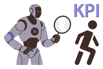 AI robot analyzing a person symbol using a magnifying glass beside big KPI text. Ideal for performance tracking, evaluation, analytics, AIs role in productivity, goal assessment, data-driven
