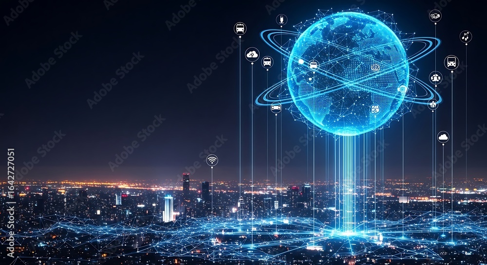 Poster a glowing digital globe above a city, connected by data streams, representing global technology.