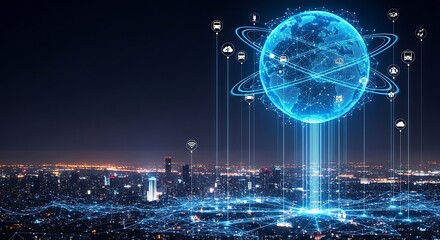 A glowing digital globe above a city, connected by data streams, representing global technology.