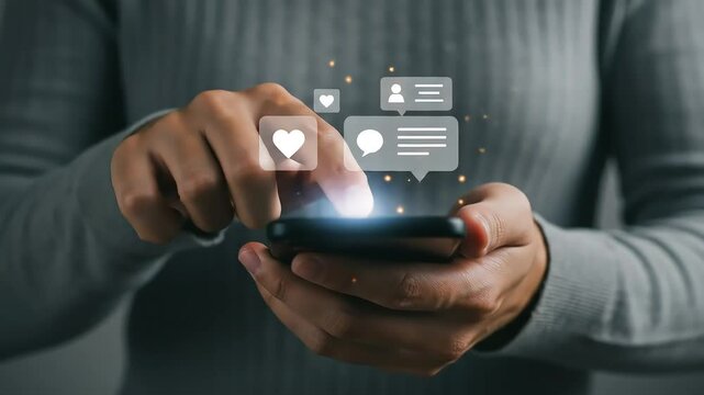 Modern communication A close-up of a person's hands using a smartphone to access social media applications and engage with content such as likes, comments, and messages. - Powered by Adobe