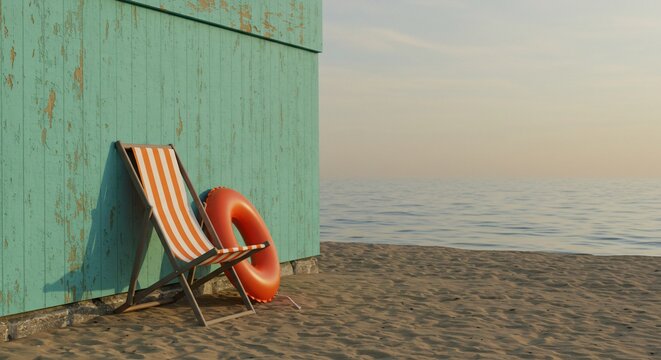 Beachside Serenity: Orange-Striped Chair and Buoy Leaning Against Weathered Turquoise Cabin