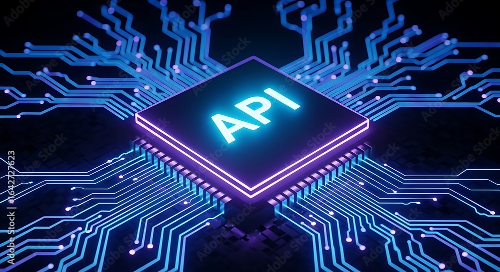 Poster a glowing api symbol sits prominently on a detailed circuit board, representing technology.