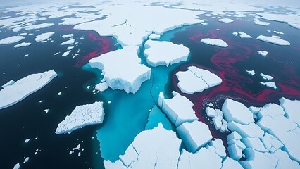 Antarctic ice shelf fracturing into geometric blue shards against warming red ocean currents.