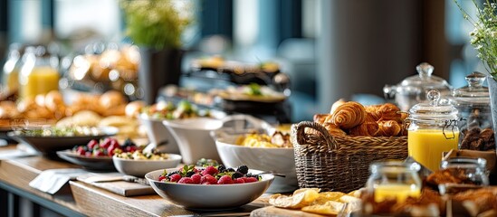 Buffet breakfast with croissants, berries, and pastries