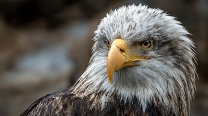 Fototapeta premium A majestic eagle stands on a rocky surface, showcasing its striking features and sharp eyes. The background is blurred but suggests a natural habitat, highlighting the birds grandeur.