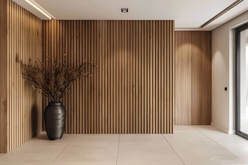 Design an interior wall with wooden panels showcasing